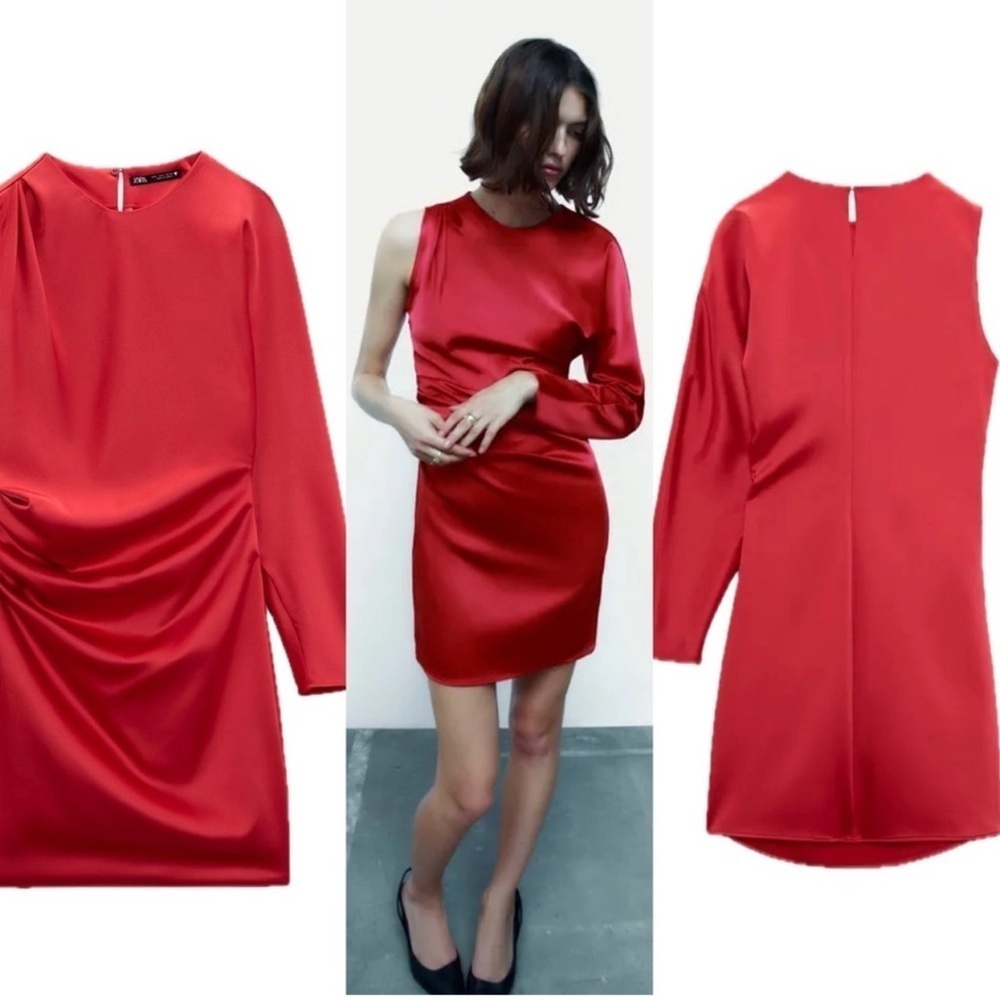 Zara red satin effect one sleeve asymetrical mini dress Sz XS